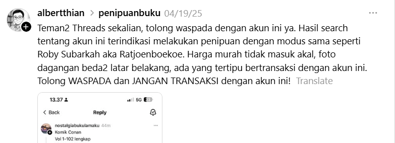 Penipuan buku Threads Roby Subarkah
